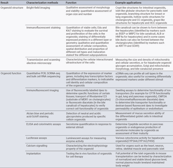 Table 1. Methods used in organoid research to assess/characterize organoid structure and function